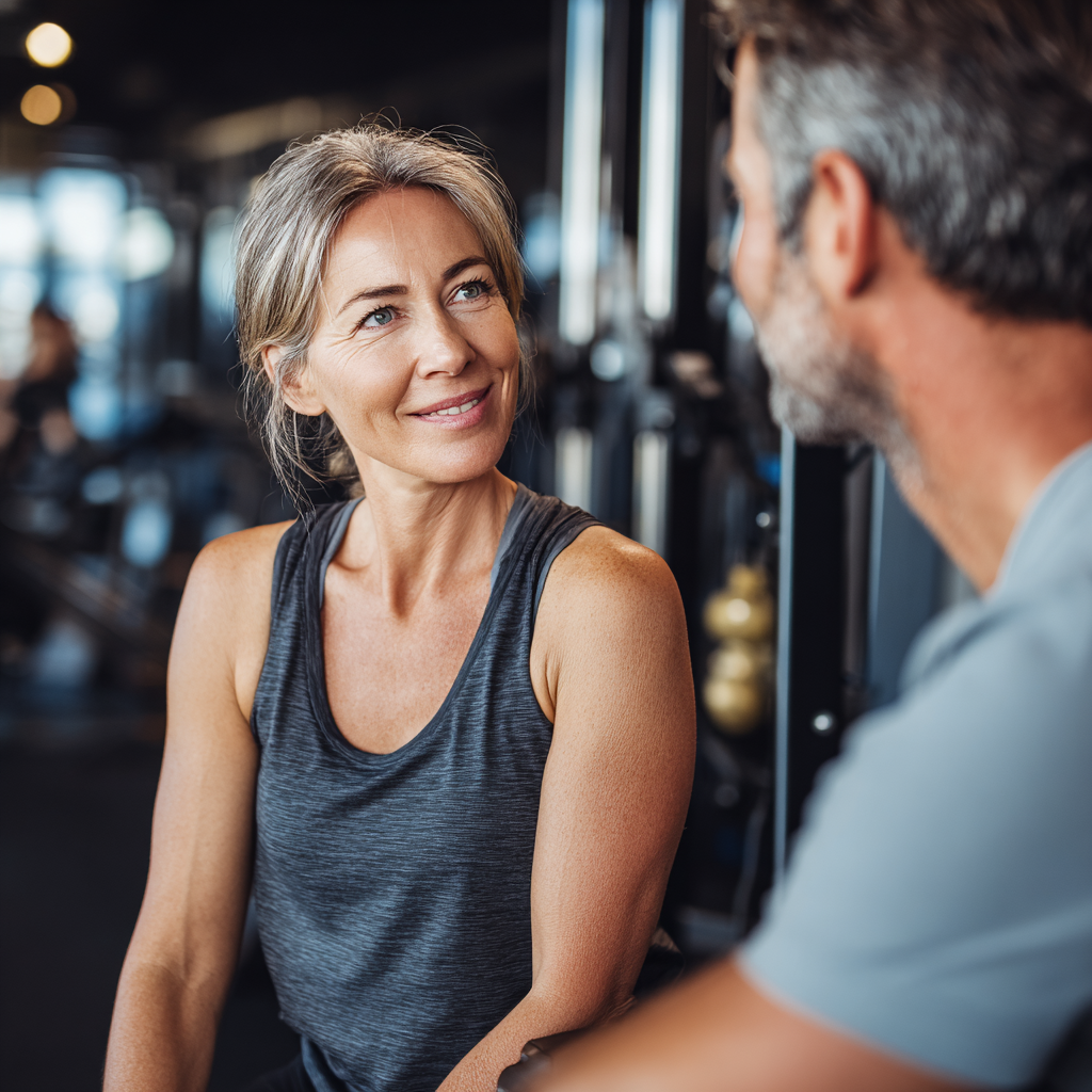 Middle-aged woman receiving fitness consultation from professional trainer in wellness center