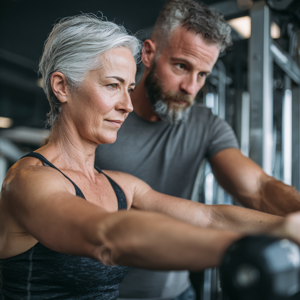 Professional fitness trainer working with mature adult client in modern gym environment